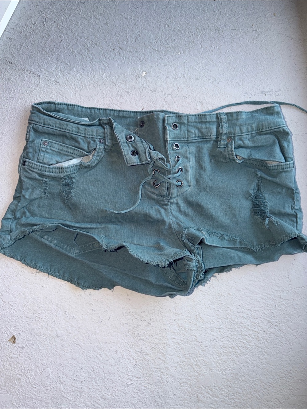 Billabong Teal Lace-Up Distressed Denim Shorts
